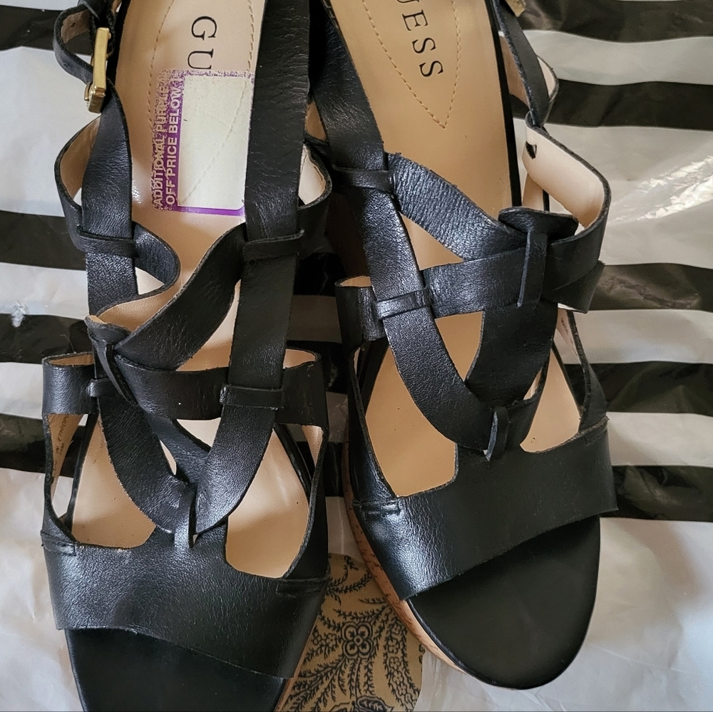 Guess Black Leather Wedge Heel Strap Dress Slanders